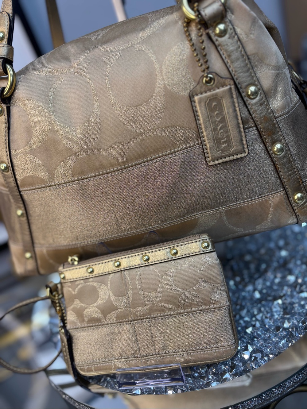 Coach 2008 Signature Stripe Studded Lurex Satchel w/matching wristlet EUC - Picture 3 of 15